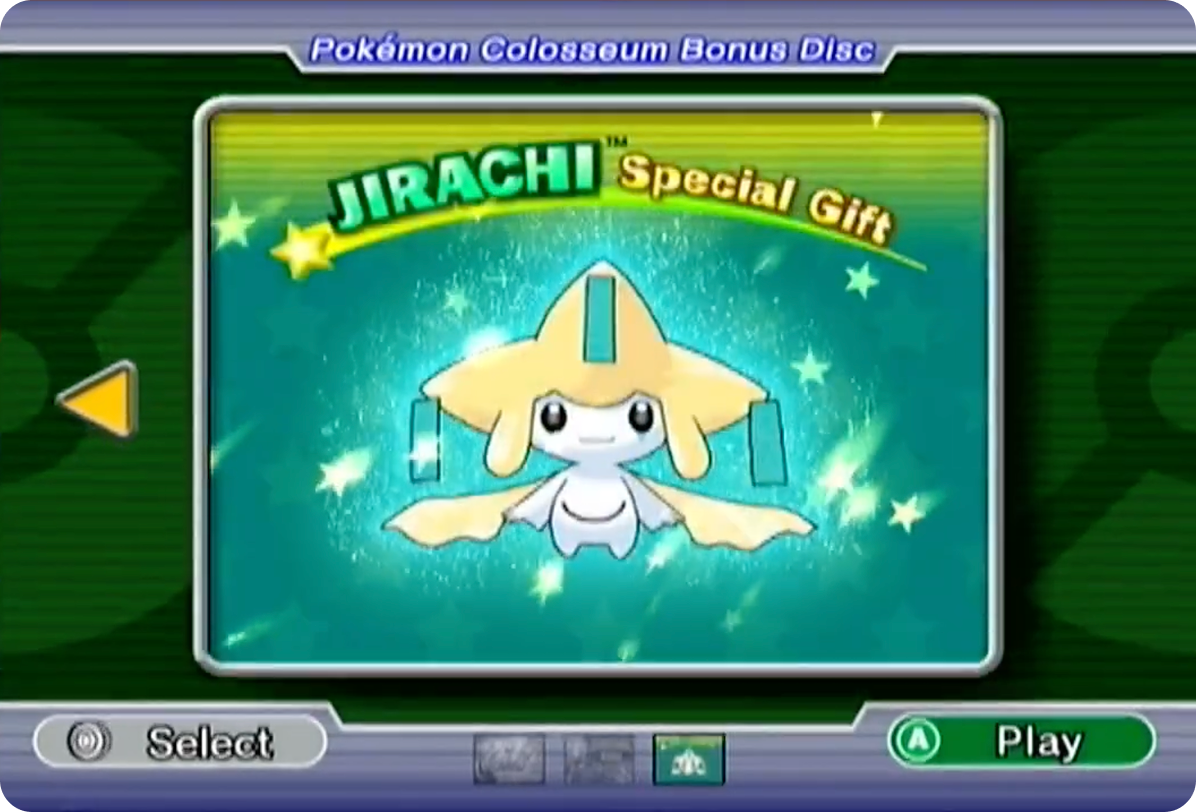 A screenshot of the Pokémon Colosseum Bonus Disc displaying the Pokémon Jirachi.
